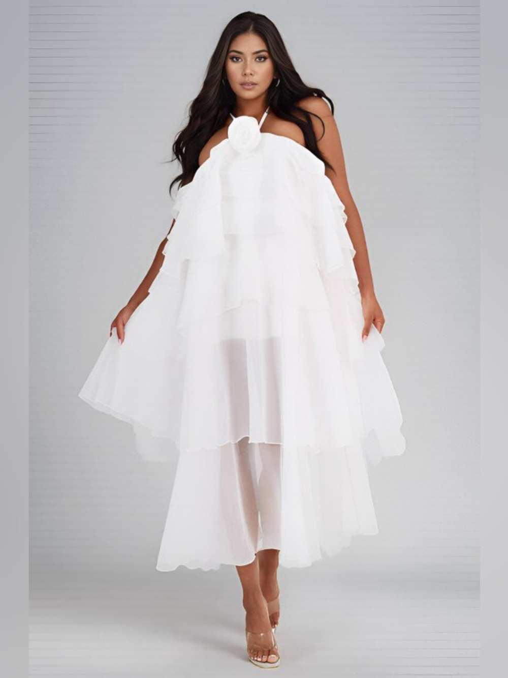 Rosette Layered Halter Ruffle Maxi Dress